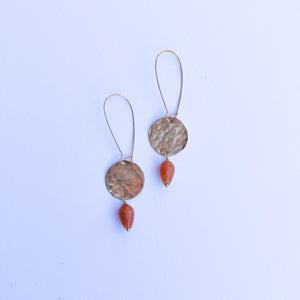 Tiny Moon + Stone Earrings- brass & carnelian