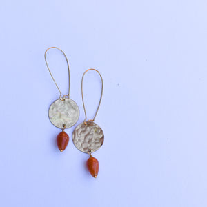 Tiny Moon + Stone Earrings- brass & carnelian